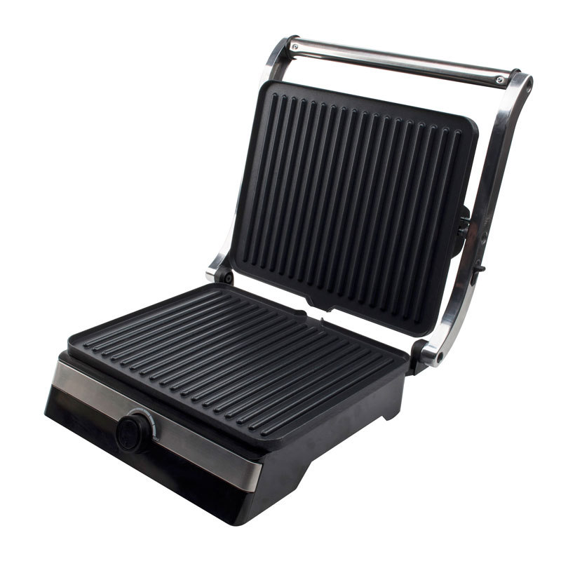 How can I tell if the coating on the heating plate of an electric panini grill is damaged?